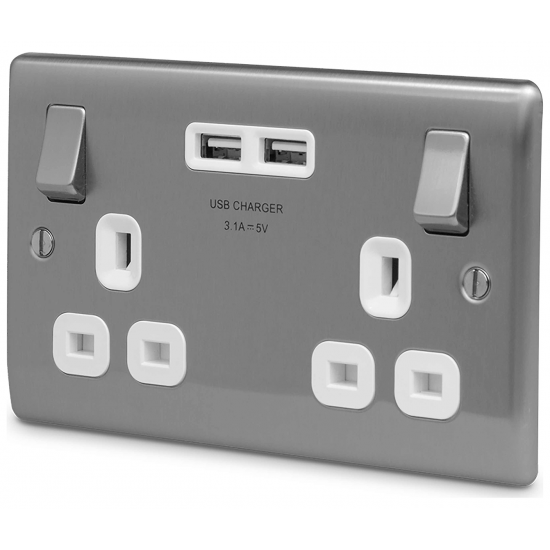 Nexus Metal Brushed Steel Double Socket with 2 x USB (3.1A)