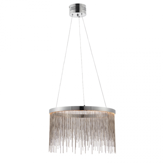  suspended from subtle clear cables that are height adjustable.,Zelma 1lt Pendant,Steel,Chrome plate