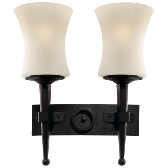 CARTWHEEL 2 LIGHT WALL BRACKET IN BLACK WROUGHT IRON & SCAVO GLASS SHADES