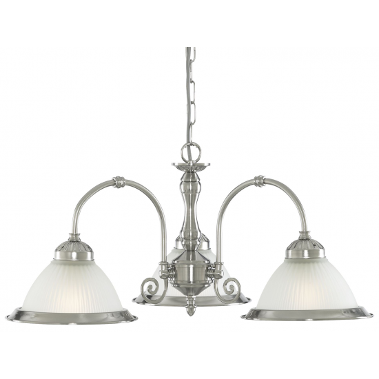 AMERICAN DINER SATIN SILVER 3 LIGHT FITTING WITH ACID RIBBED GLASS