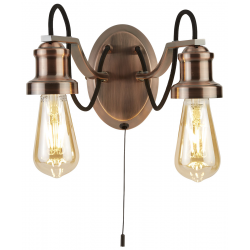 OLIVIA 2 LIGHT WALL BRACKET, BLACK BRAIDED FABRIC CABLE, ANTIQUE COPPER