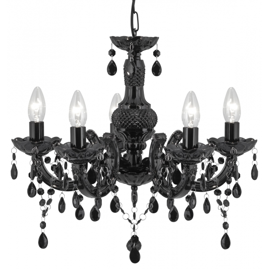 MARIE THERESE BLACK 5 LIGHT CHANDELIER WITH ACRYLIC GLASS DROPS