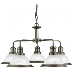 BISTRO ANTIQUE BRASS 5 LIGHT CEILING FITTING WITH MARBLE GLASS SHADES