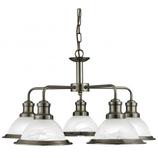 BISTRO ANTIQUE BRASS 5 LIGHT CEILING FITTING WITH MARBLE GLASS SHADES