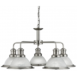 BISTRO SATIN SILVER 5 LIGHT CEILING FITTING WITH MARBLE GLASS SHADES