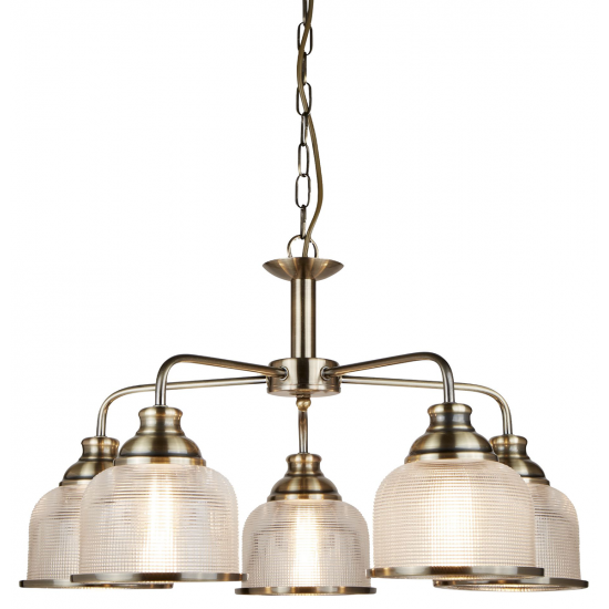 BISTRO II - 5 LIGHT CEILING, ANTIQUE BRASS, HALOPHANE GLASS