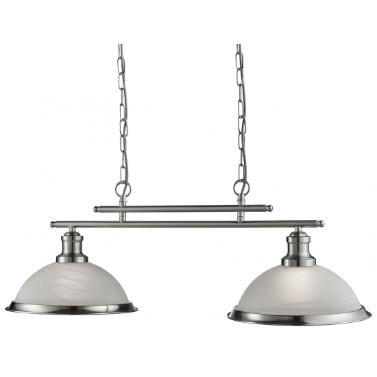 BISTRO SATIN SILVER 2 LIGHT CEILING BAR PENDANT WITH MARBLE GLASS SHADES