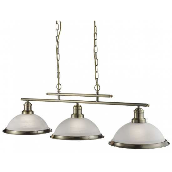 BISTRO ANTIQUE BRASS 3 LIGHT CEILING BAR PENDANT WITH MARBLE GLASS SHADES
