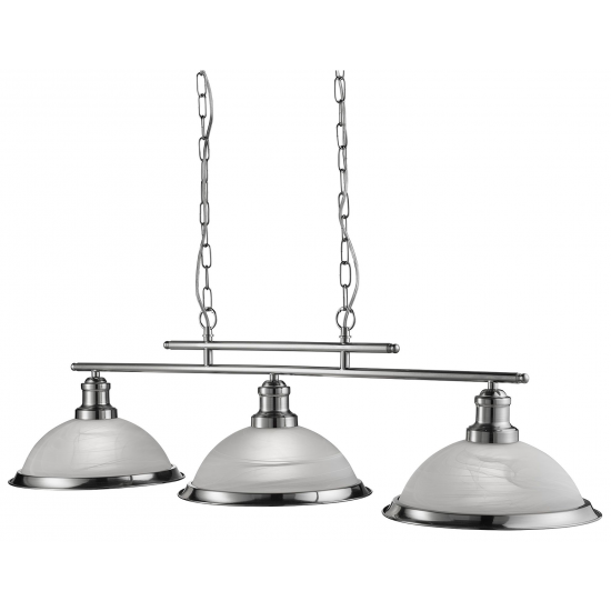 BISTRO SATIN SILVER 3 LIGHT CEILING BAR PENDANT WITH MARBLE GLASS SHADES