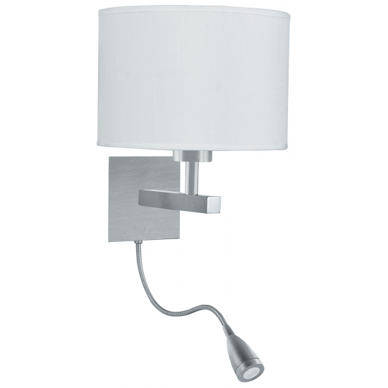 HOTEL SATIN SILVER WALL LIGHT WITH WHITE SHADE INCORPORATING LED FLEXI-ARM