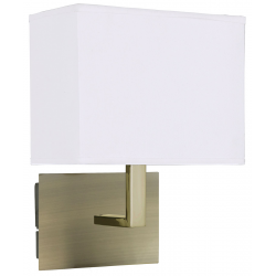 HOTEL ANTIQUE BRASS WALL LIGHT WITH WHITE RECTANGULAR FABRIC SHADE, BLACK SWITCH